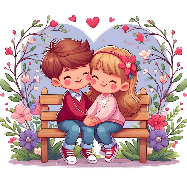 두 아이가 꽃무늬 아치 아래 벤치에서 다정한 순간을 나누고 있습니다. 사랑에 빠진 행복한 발렌타인 데이
