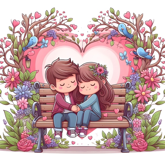 Two Children Sharing a Tender Moment on a Bench Under a Floral Arch Happy valentines day in love