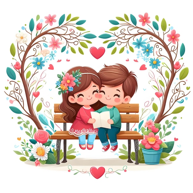 Двое детей разделяют нежные моменты на скамейке под цветочной аркой. С Днем Святого Валентина в любви.