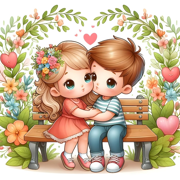 花のアーチの下のベンチで優しい瞬間を共有する 2 人の子供 恋に落ちたハッピーバレンタインデー