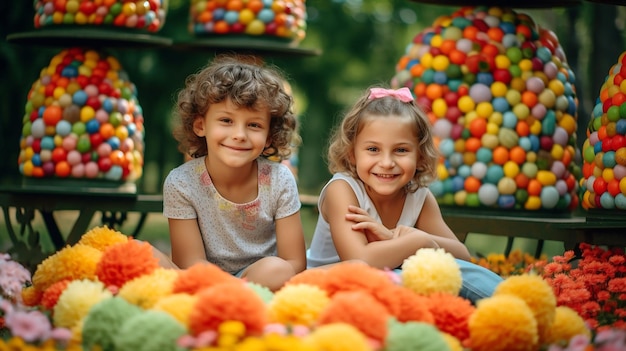 Two children sit in front of a candy display Childrens Day