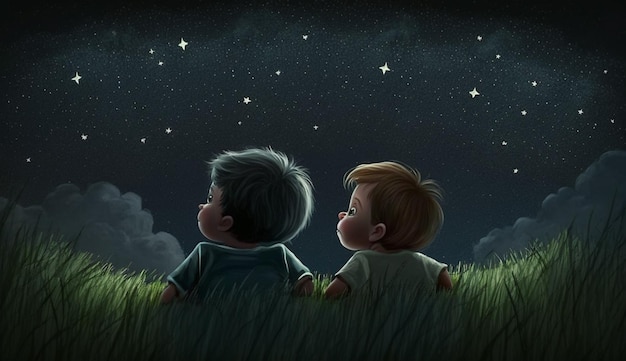 Foto due bambini si siedono sull'erba e guardano le stelle.