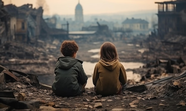 Two children sit turned away gazing at the city left devastated by relentless attacks Ai generative