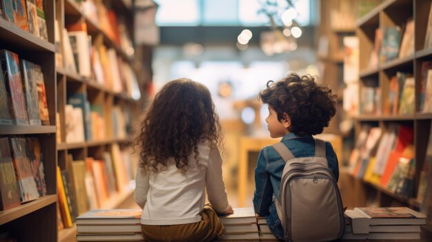 Photo two children sitting in a bookstore looking at shelves filled with books and talking