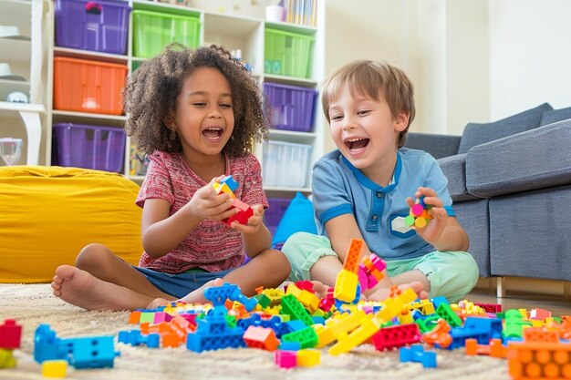 床に座っておもちゃで遊んでいる2人の子供