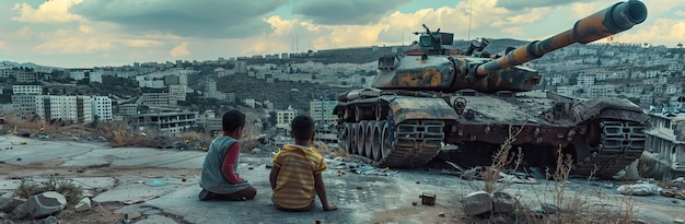 two children sitting on the ground infront of destroyed tank ai generated illustration