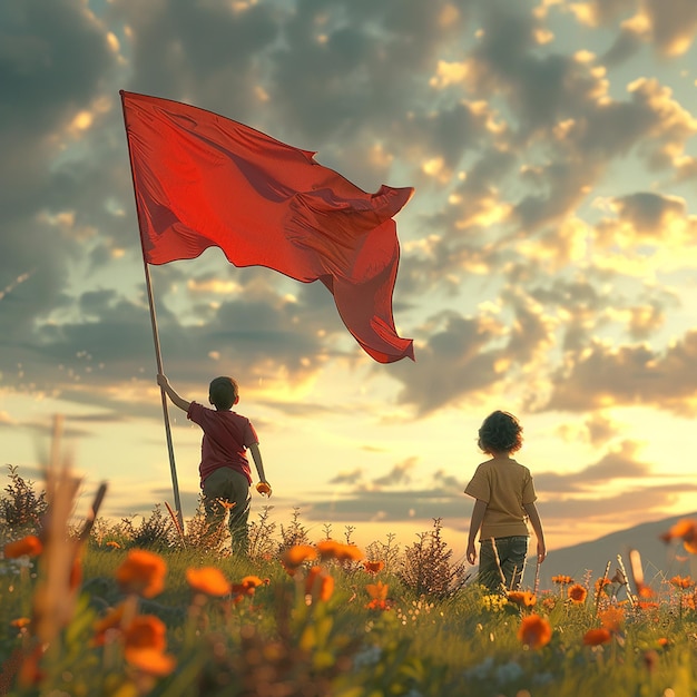 two children stand in a field with a red flag that says quot t quot on it