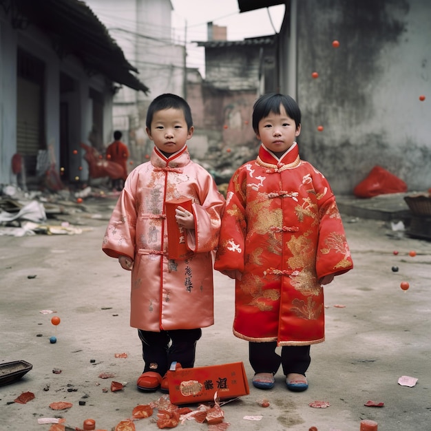 Two children stand in front of a broken brick building and the word lantern is on the front