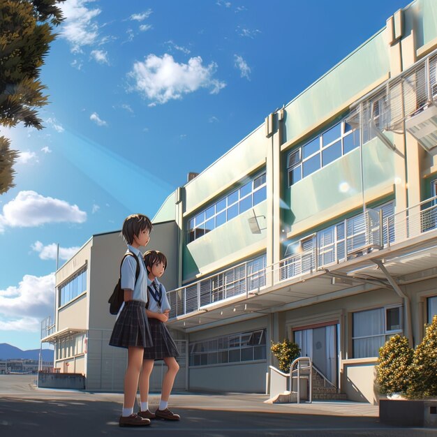 Photo two children stand in front of a building with the words  school  on it