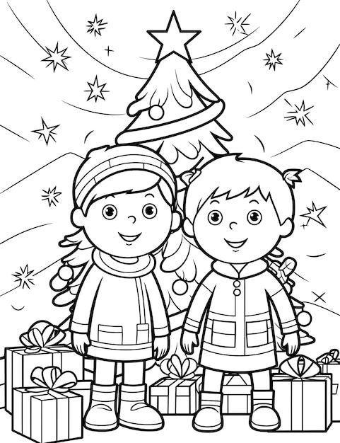 Photo two children standing in front of a christmas tree with presents coloring page for kids