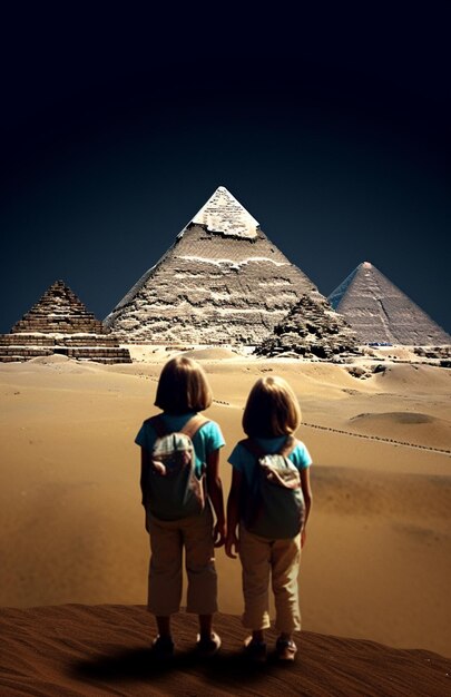 Two children standing in front of a pyramid in the desert generative ai