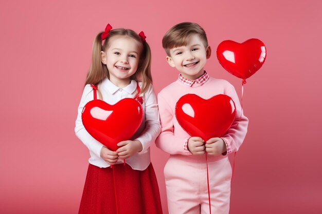 Photo two children for valentine's day stand on the floor lettering love and hearts with gifts