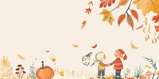 Photo two children walk handinhand amidst falling leaves and a pumpkin generative ai