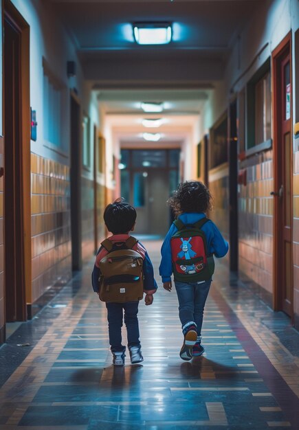 Photo two children walking down a hallway with backpacks