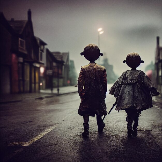Two children walking down a street, one of which has a doll on her head.