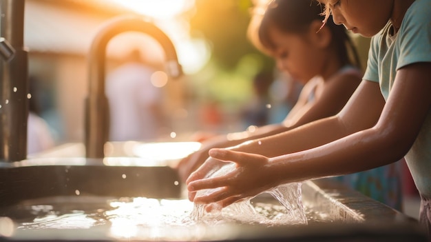 Two children washing their hands in a sink ai