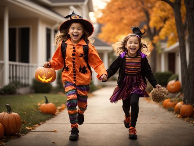 Two children wearing halloween costumes running down the street trick or treat halloween