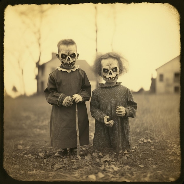 two children wearing masks that say " creepy ".