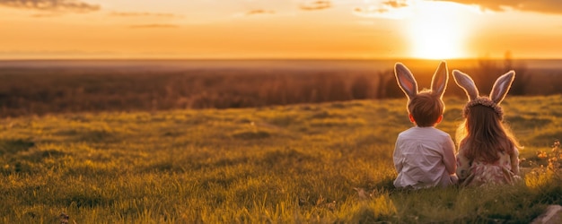 Two children with bunny ears sitting on grass at sunset