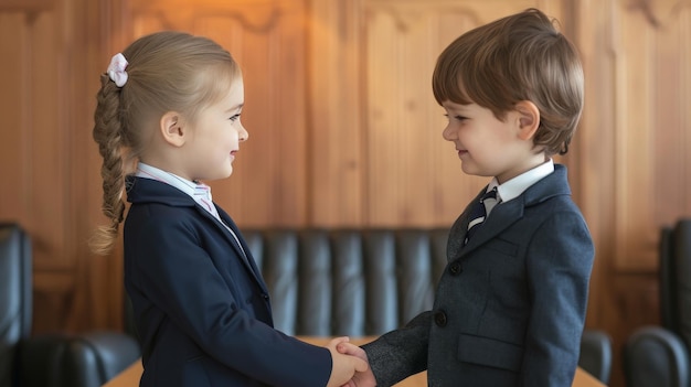 Photo two children with business suits memorandum of understanding for doing business in the conference room