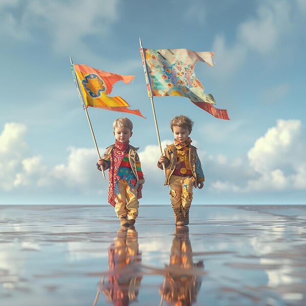 Photo two children with flags on the water and one of them has the letter b on it