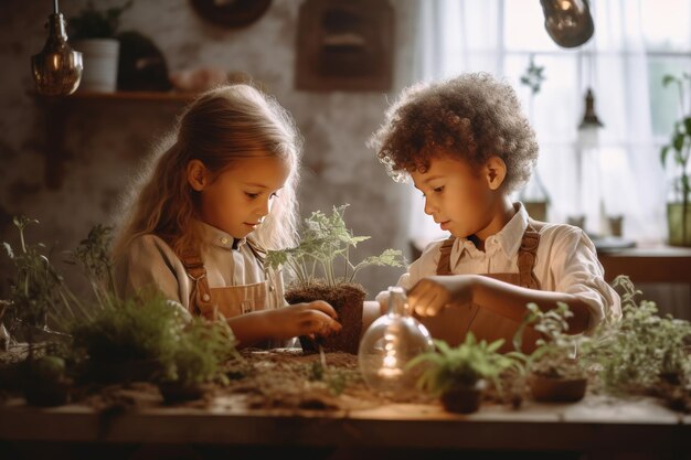 Two children working in a room with a lamp above them