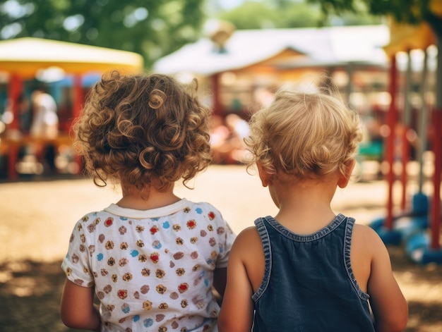 Two childs seen from behind at a hot summer day at a playground