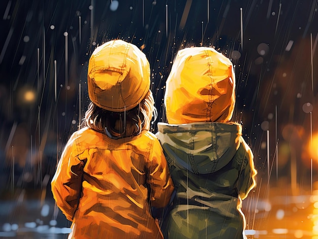 비가 내리는 동물원 뒤에서 본 두 아이