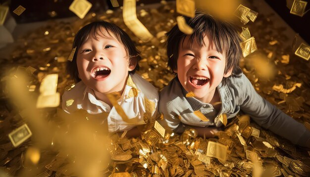 2人の中国の子供が新年の贈り物を受け取る