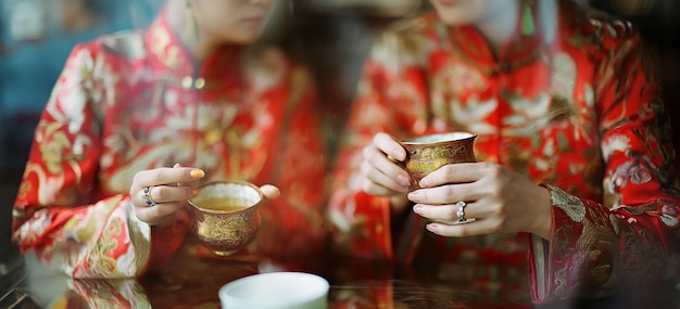 Two chinese dressed in traditional drinking chinese tea and are having fun Chinese tea ceremony