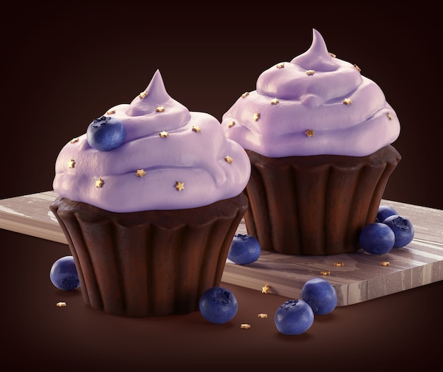 Two chockolate muffins with blueberry topping.