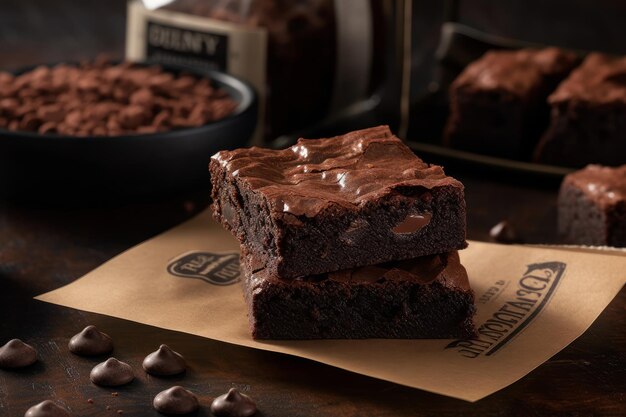 Two chocolate brownies stacked on top of each other