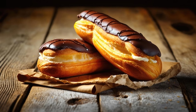 Two chocolate covered pastries on a brown paper bag.