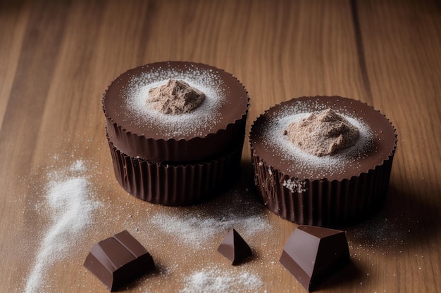 2 つのチョコレート カップケーキの上に粉砂糖がかかっています。