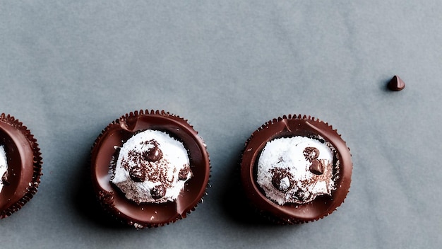 Two chocolate cupcakes with white chocolate on top and one has a face on it.