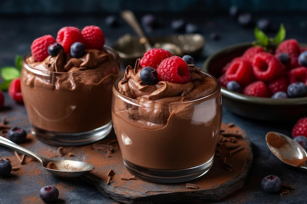 Two chocolate mousse cups with raspberries and a bowl of raspberries