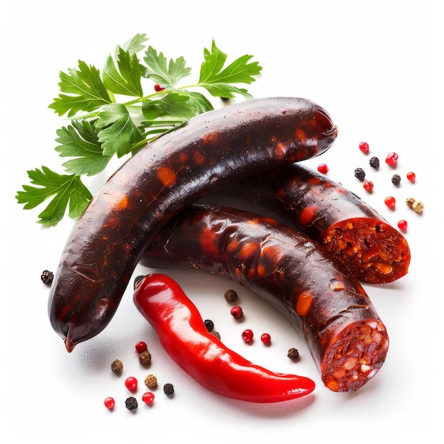 Photo two chorizo sausages resting on a wooden table