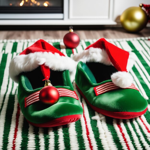 Foto due pantofole verdi novità dell'elfo di natale con le campane sul tappeto del soggiorno