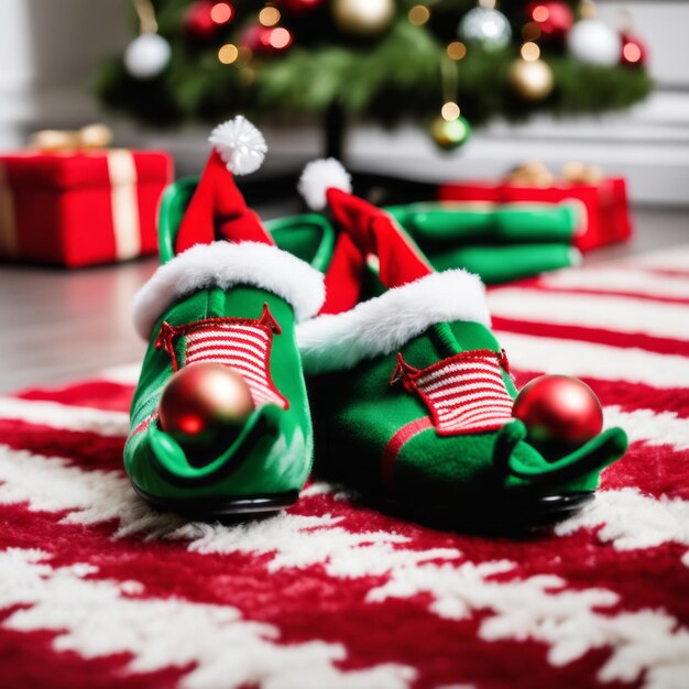 Two Christmas elf novelty green slippers with bells on the rug of the living room