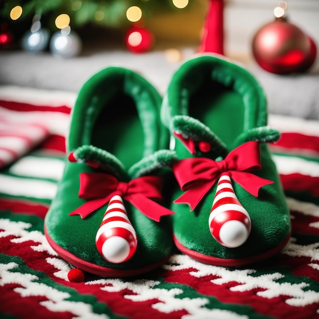 Photo two christmas elf novelty green slippers with bells on the rug of the living room