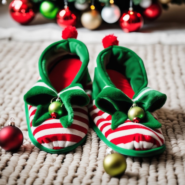 Photo two christmas elf novelty green slippers with bells on the rug of the living room