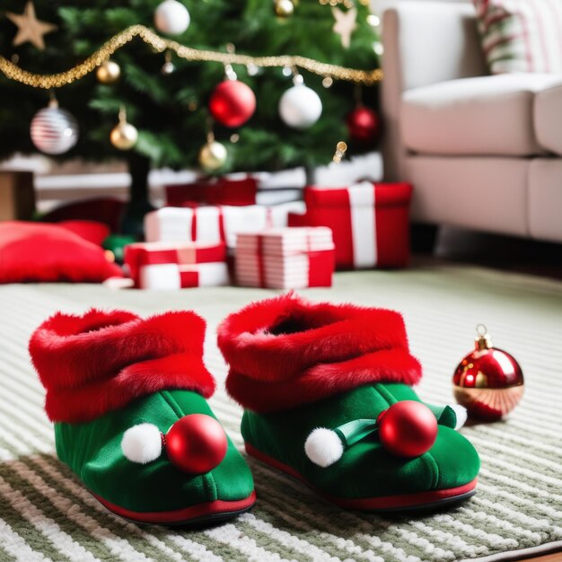 Foto due pantofole verdi novità dell'elfo di natale con le campane sul tappeto del soggiorno