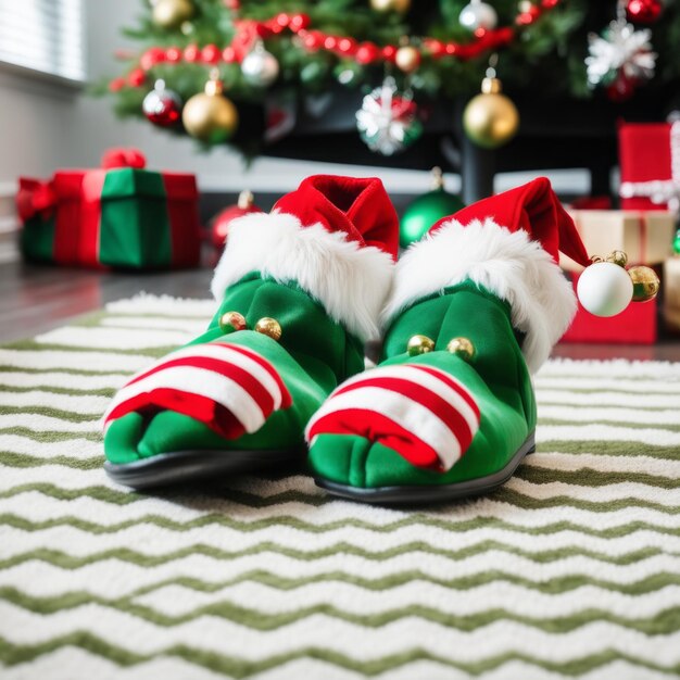 Photo two christmas elf novelty green slippers with bells on the rug of the living room