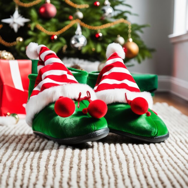 Photo two christmas elf novelty green slippers with bells on the rug of the living room