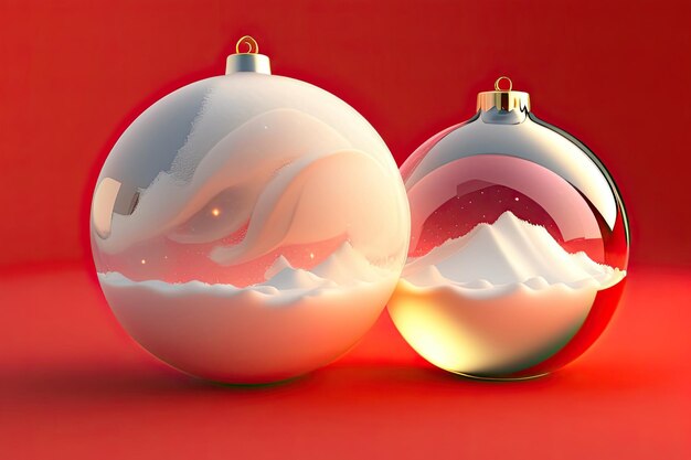 Two christmas ornaments with mountains and a red background.