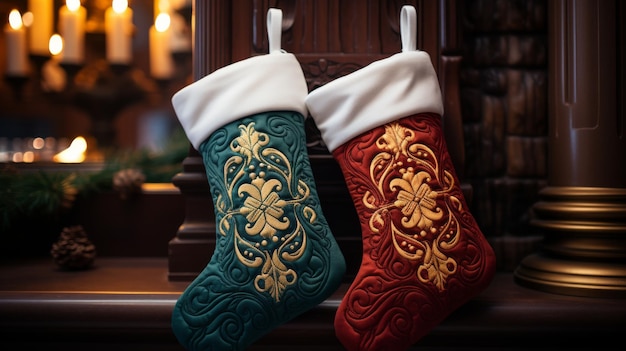 Two Christmas Stockings Hanging From a Mantle