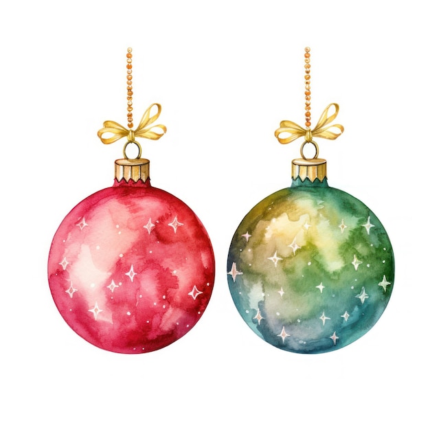 Two Christmas watercolor glass balls close up on a white background Christmas decorative toys for decorating the New Year tree Design elements for scrapbooking card greeting