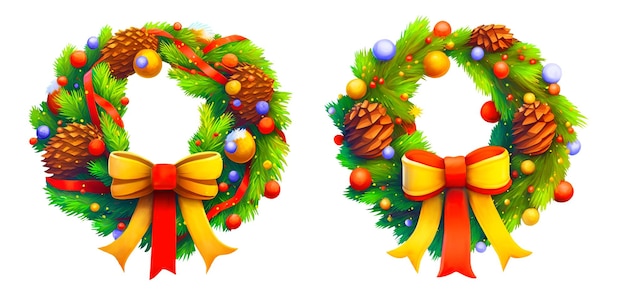 Два рождественских венка из еловых веток, украшенных красочными бантами и безделушками на белом фоне. Цифровые иллюстрации вырезаны
