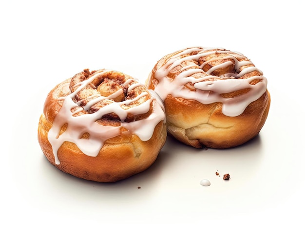 two cinnamon buns on a white background