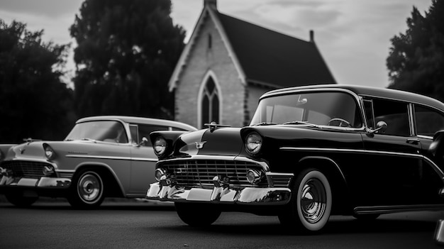 Two classic cars are parked in front of a church.